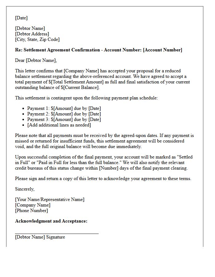 Reduced Balance Settlement Agreement Payment Plan Confirmation Letter