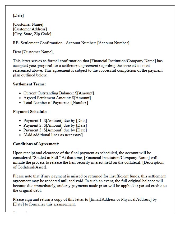 Secured Account Settlement Agreement Payment Plan Confirmation Letter