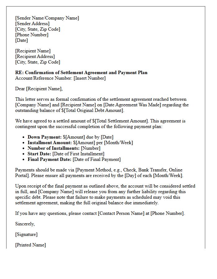 Standard Settlement Agreement Payment Plan Confirmation Letter