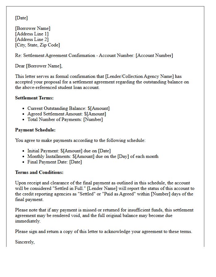 Student Loan Settlement Agreement Payment Plan Confirmation Letter