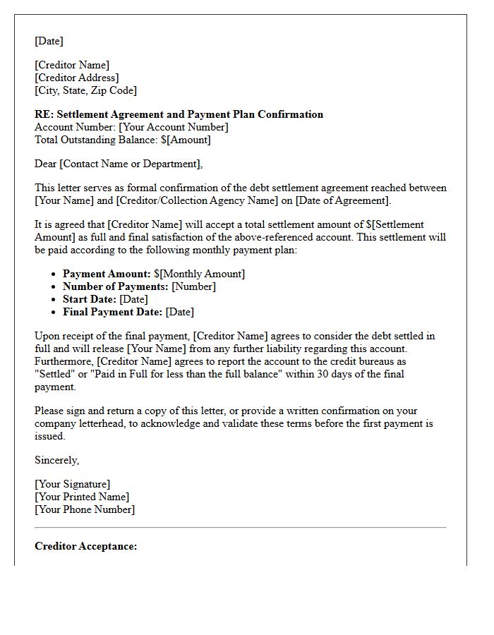 Unsecured Debt Settlement Agreement Payment Plan Confirmation Letter