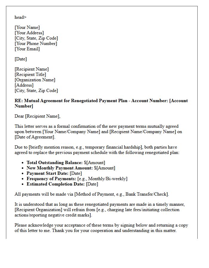 Mutual Agreement Renegotiated Payment Plan Letter