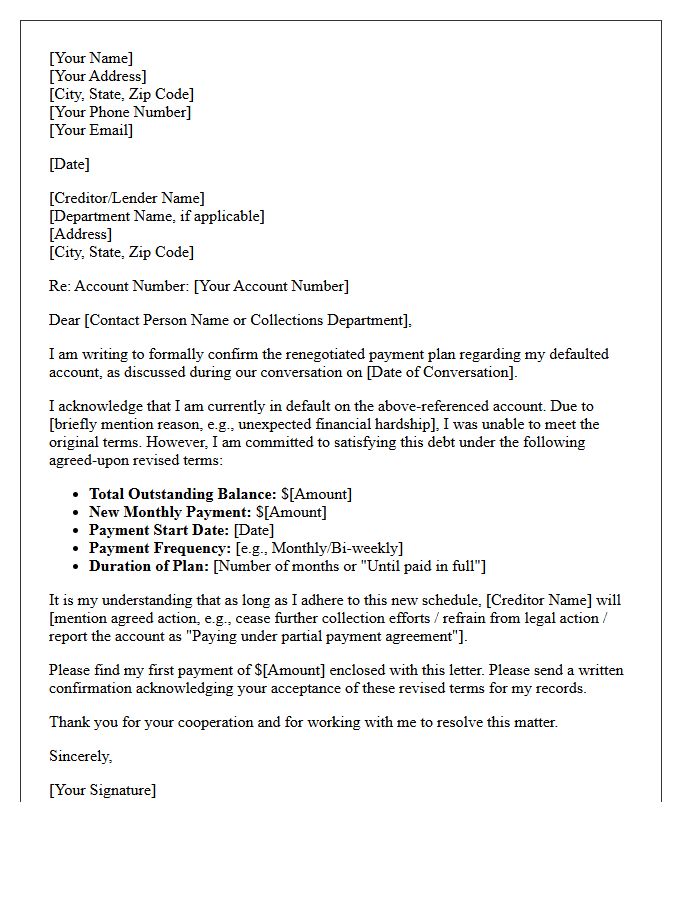 Post-Default Renegotiated Payment Plan Letter