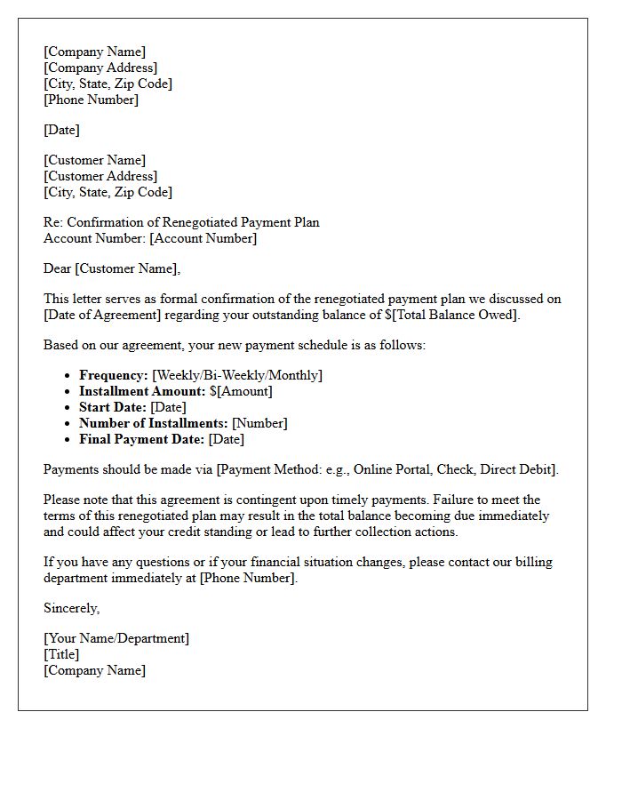 Standard Renegotiated Payment Plan Confirmation Letter