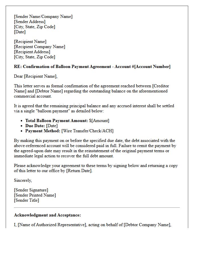 Commercial Debt Balloon Payment Agreement Confirmation Letter