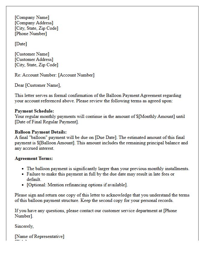 Consumer Account Balloon Payment Agreement Confirmation Letter