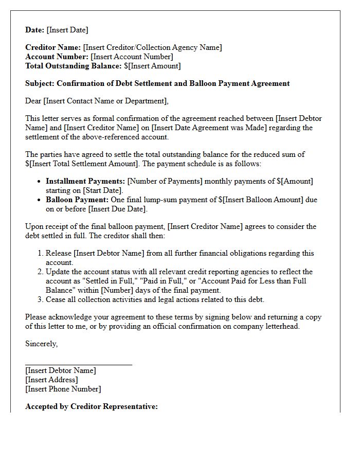Debt Settlement Balloon Payment Agreement Confirmation Letter