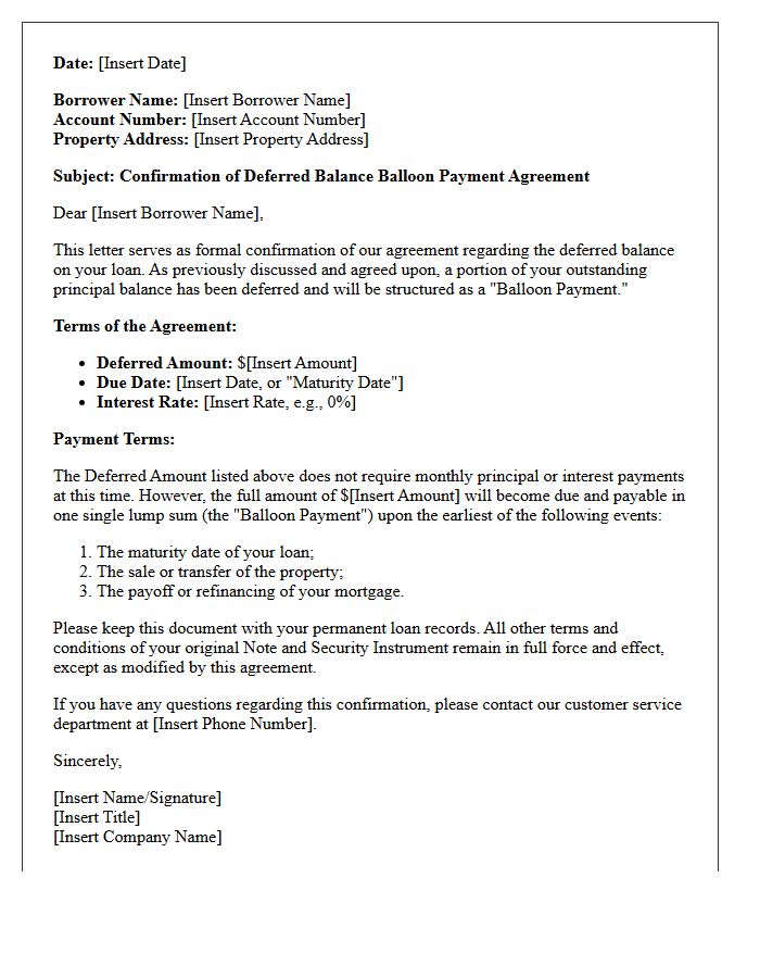 Deferred Balance Balloon Payment Agreement Confirmation Letter