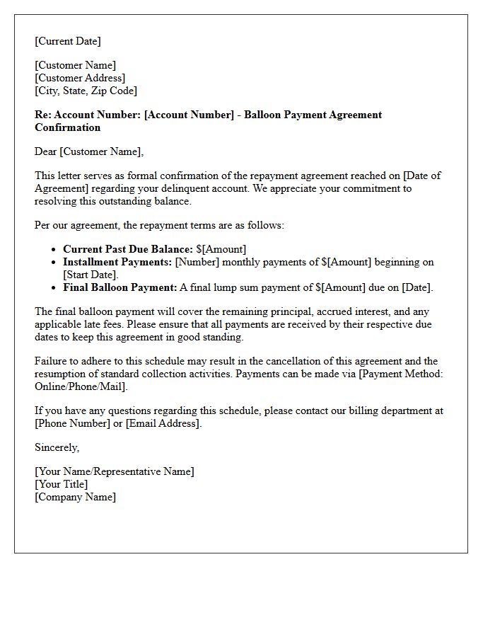 Delinquent Account Balloon Payment Agreement Confirmation Letter