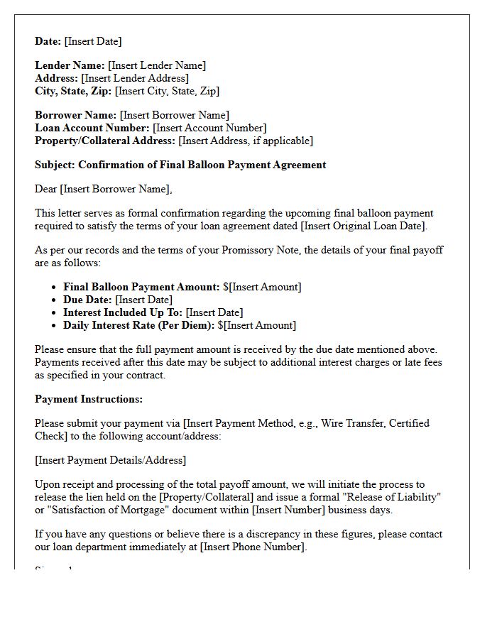 Final Payoff Balloon Payment Agreement Confirmation Letter
