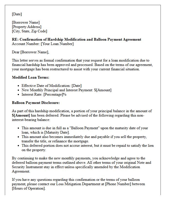 Hardship Modification Balloon Payment Agreement Confirmation Letter