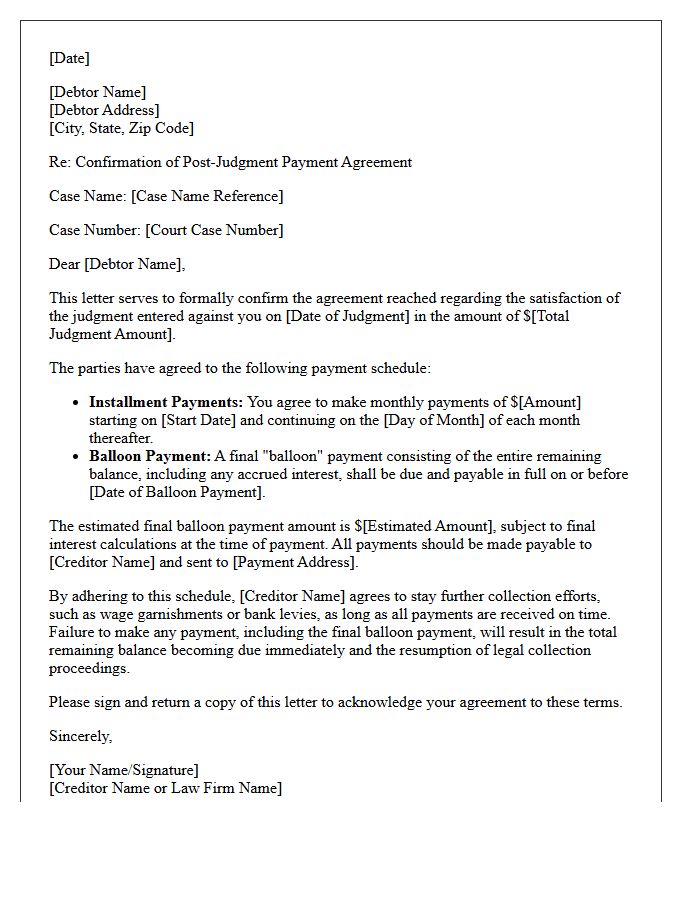 Post-Judgment Balloon Payment Agreement Confirmation Letter