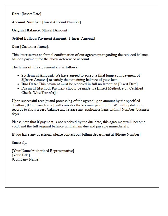 Reduced Balance Balloon Payment Agreement Confirmation Letter