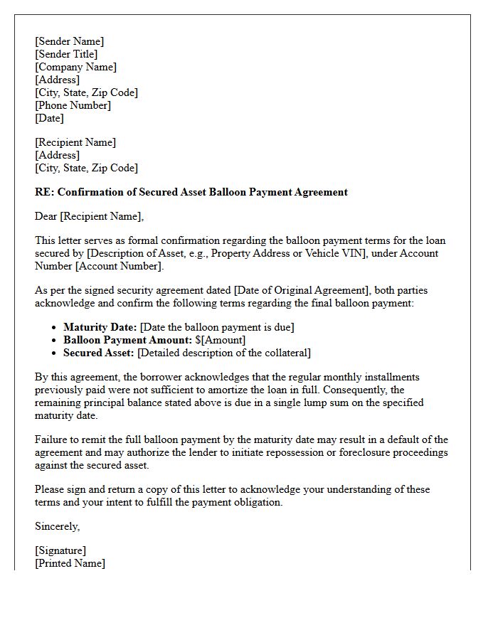 Secured Asset Balloon Payment Agreement Confirmation Letter