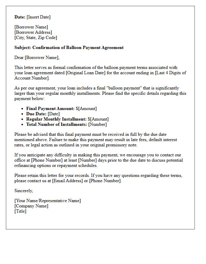 Standard Balloon Payment Agreement Confirmation Letter