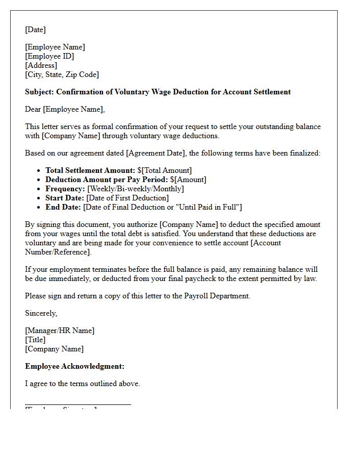 Account Settlement Voluntary Wage Deduction Confirmation Letter