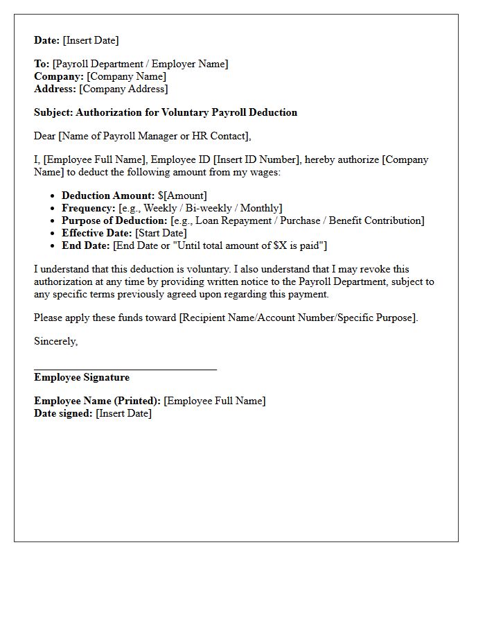 Employer Authorized Voluntary Wage Deduction Payment Letter