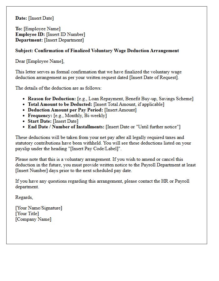 Finalized Voluntary Wage Deduction Arrangement Confirmation Letter