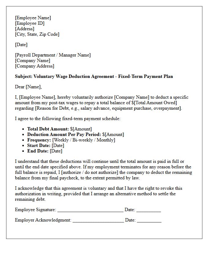 Fixed-Term Voluntary Wage Deduction Payment Plan Letter