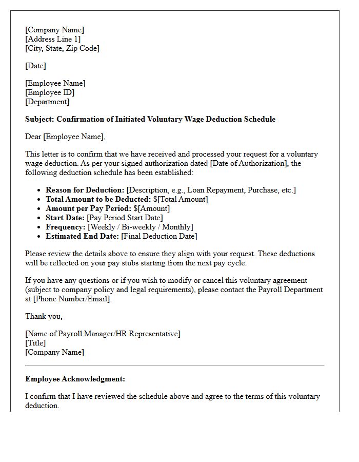 Initiated Voluntary Wage Deduction Schedule Confirmation Letter