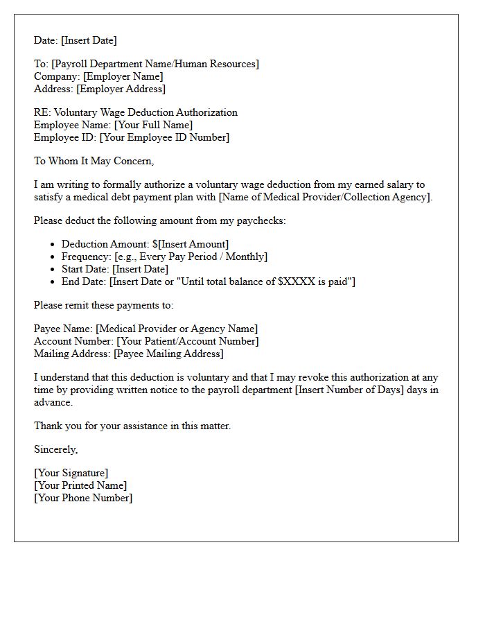 Medical Debt Voluntary Wage Deduction Payment Plan Letter