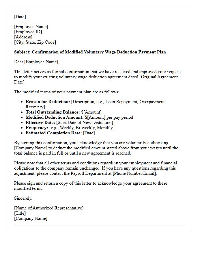 Modified Voluntary Wage Deduction Payment Plan Confirmation Letter