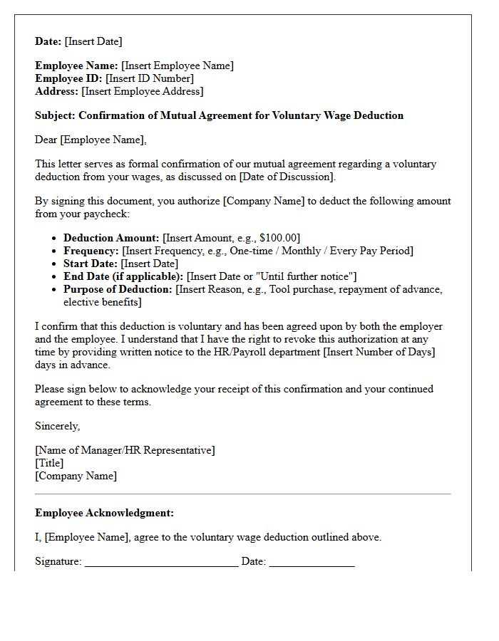 Mutual Agreement Voluntary Wage Deduction Confirmation Letter