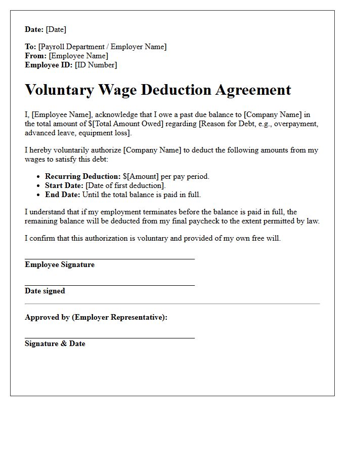 Past Due Balance Voluntary Wage Deduction Agreement Letter