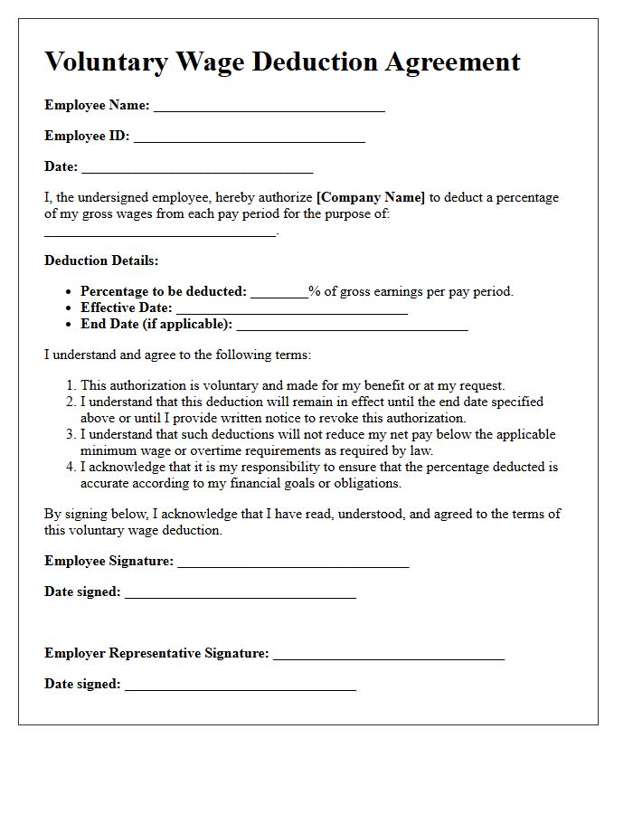 Percentage Based Voluntary Wage Deduction Agreement Letter