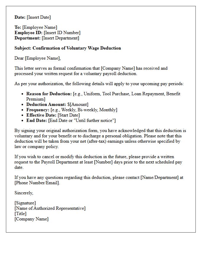 Standard Voluntary Wage Deduction Confirmation Letter