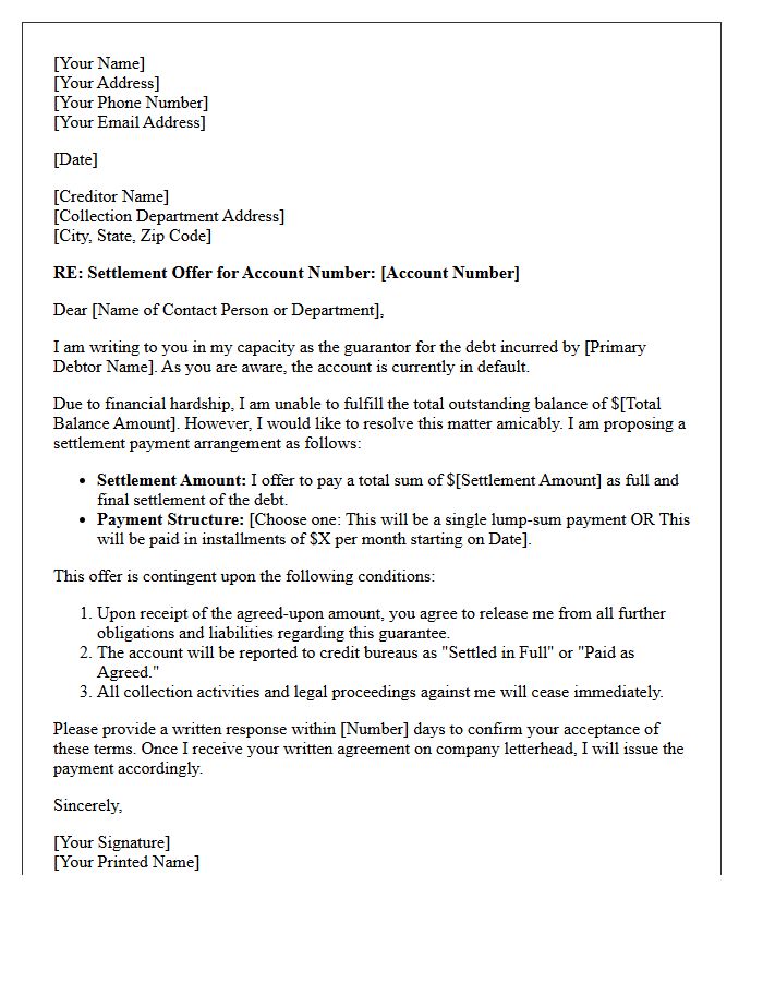 Guarantor Debt Settlement Payment Arrangement Letter