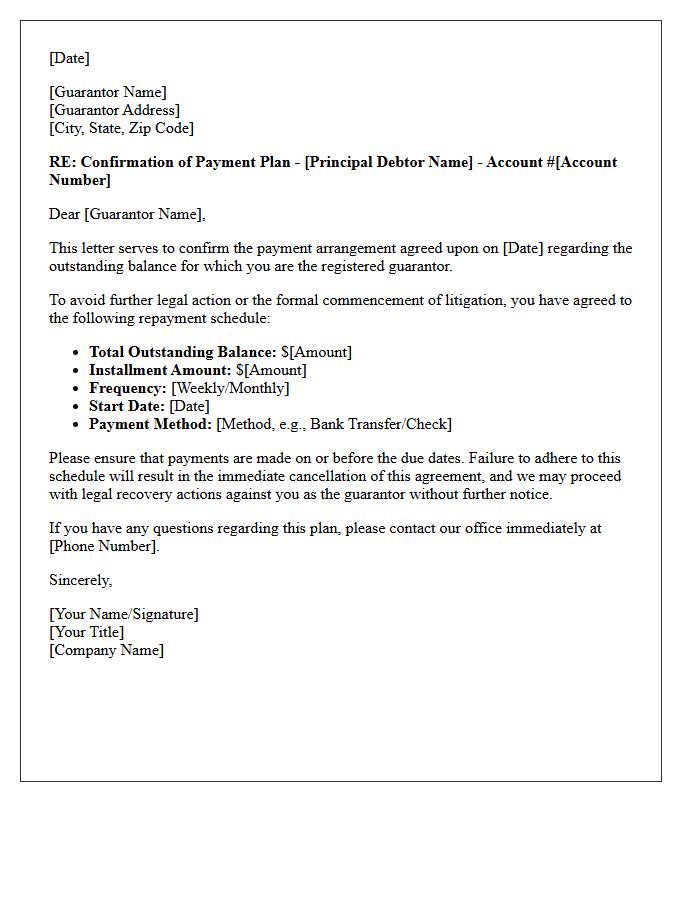 Pre-Legal Guarantor Payment Plan Confirmation Letter