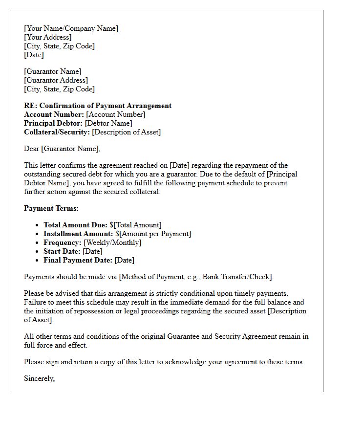 Secured Debt Guarantor Payment Arrangement Confirmation Letter