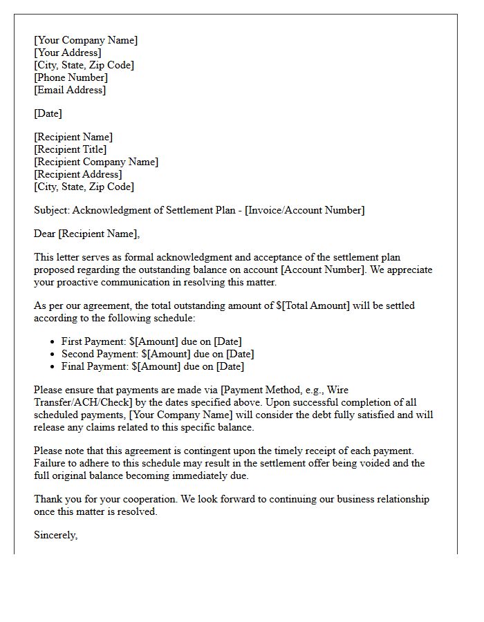 Business-To-Business Settlement Plan Acknowledgment Letter