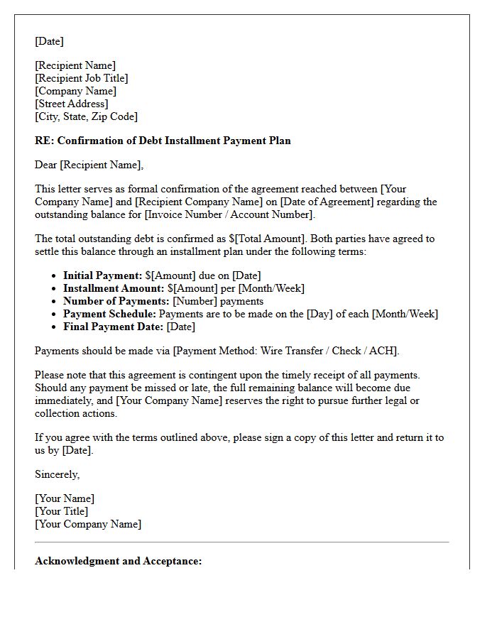 Commercial Debt Installment Agreement Confirmation Letter