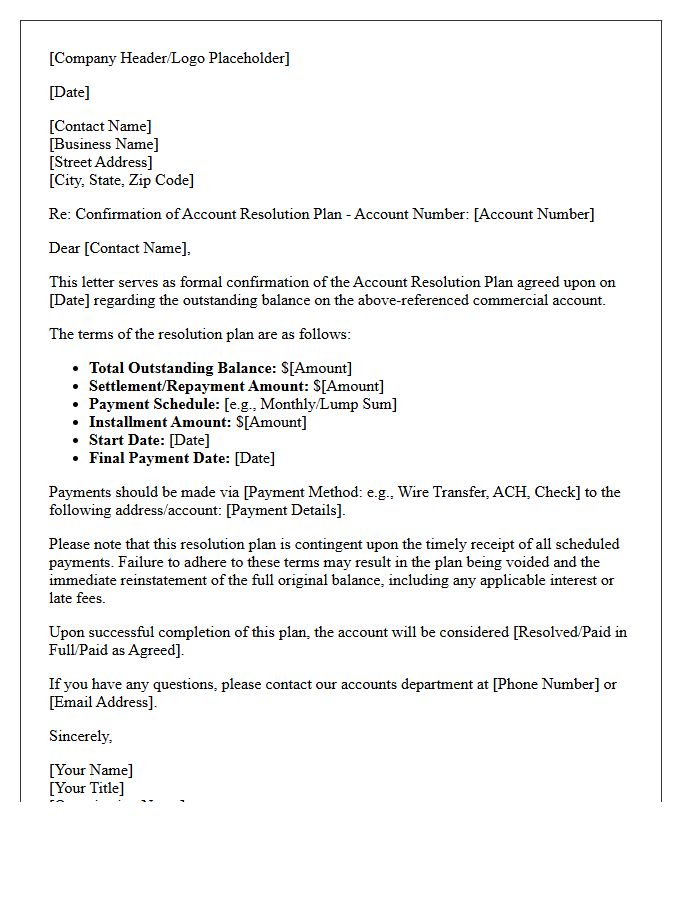 Commercial Default Account Resolution Plan Confirmation Letter