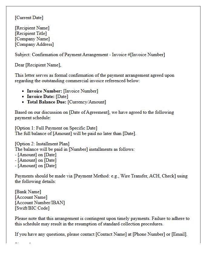 Commercial Invoice Payment Arrangement Confirmation Letter