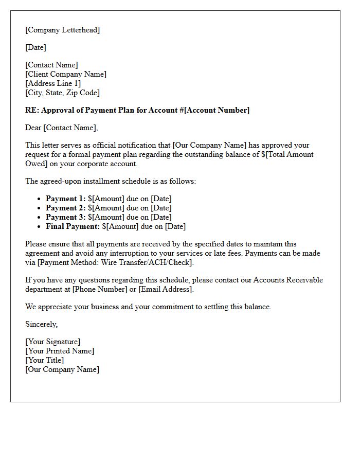 Corporate Account Payment Plan Approval Letter