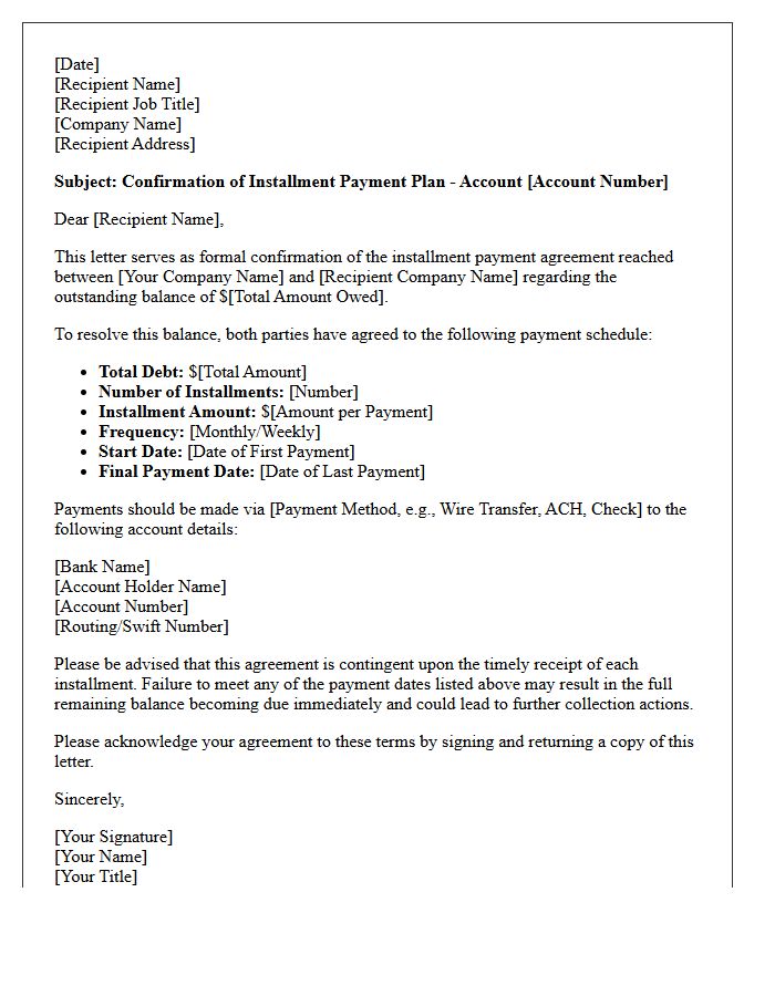 Corporate Collection Installment Terms Confirmation Letter