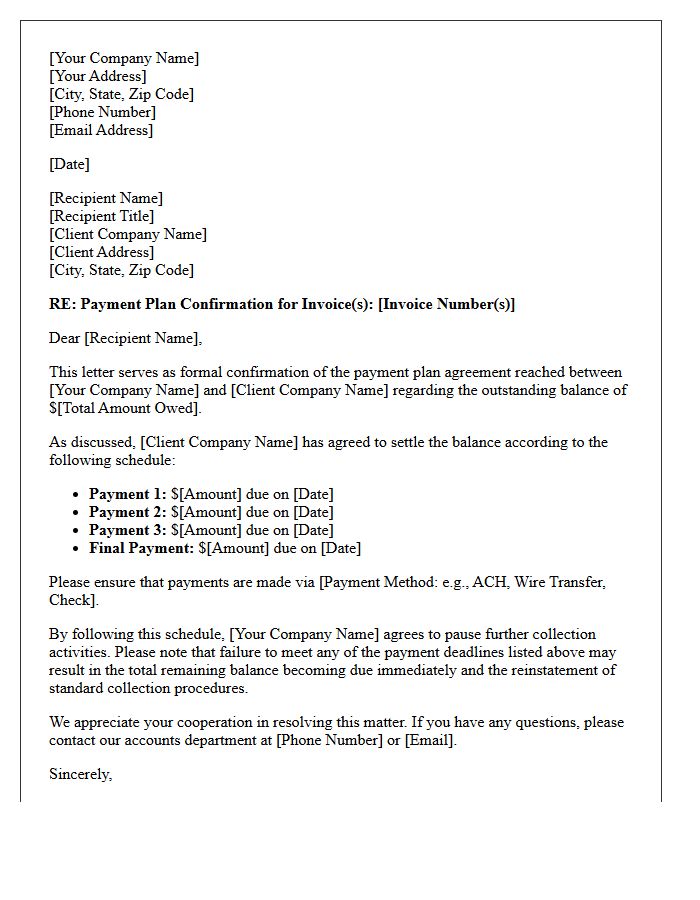 Standard Business-To-Business Payment Plan Confirmation Letter