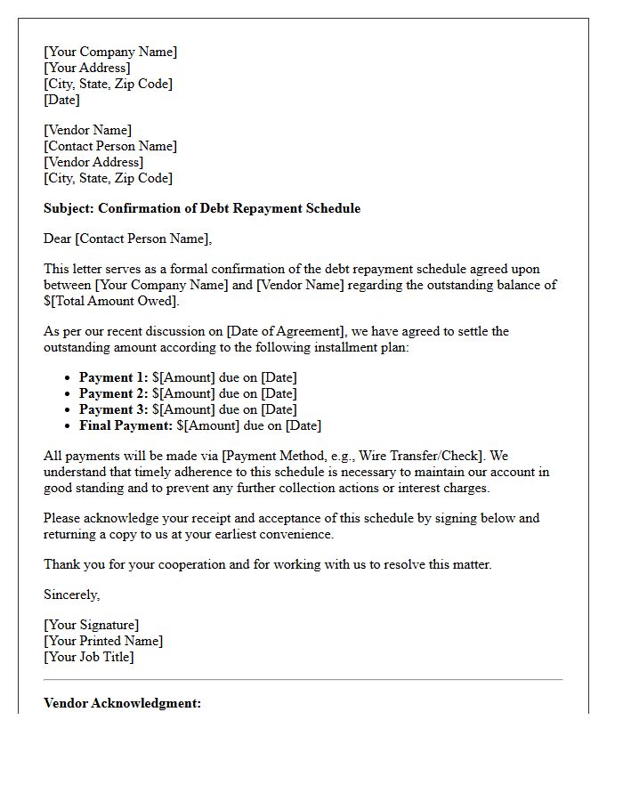 Vendor Debt Repayment Schedule Confirmation Letter