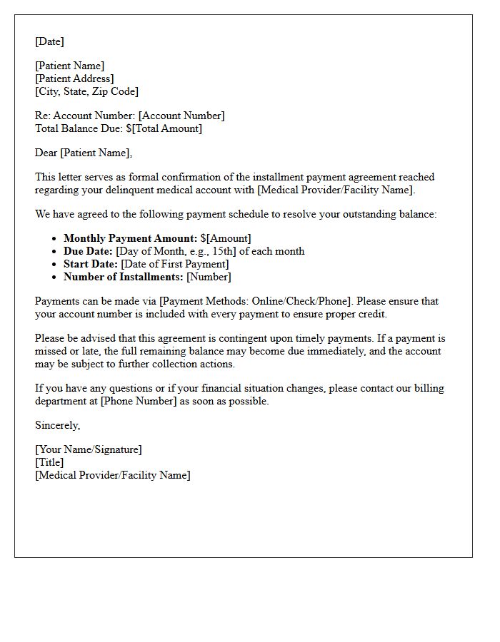 Delinquent Medical Account Installment Confirmation Letter
