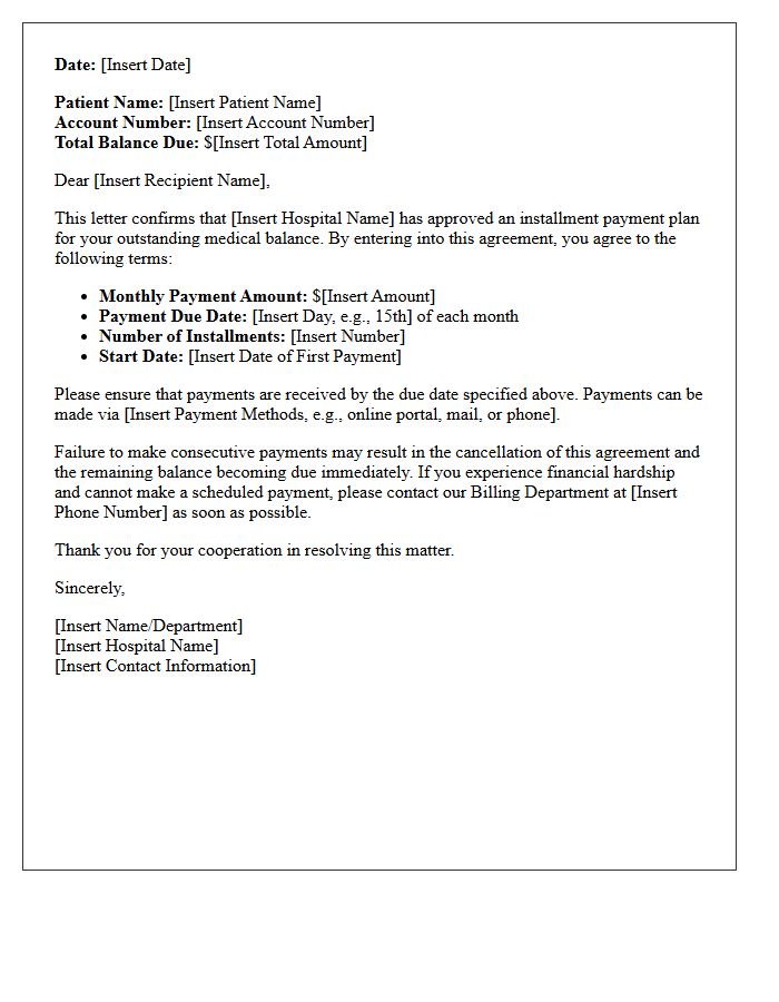 Hospital Bill Installment Agreement Confirmation Letter