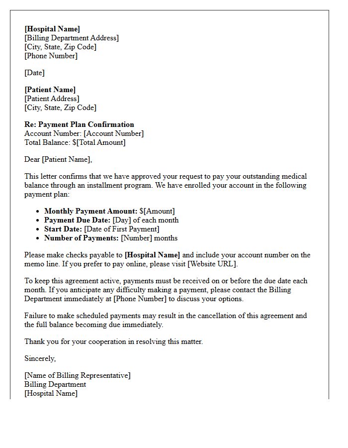 Hospital Debt Installment Program Confirmation Letter