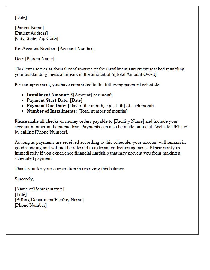 Medical Arrears Installment Agreement Confirmation Letter