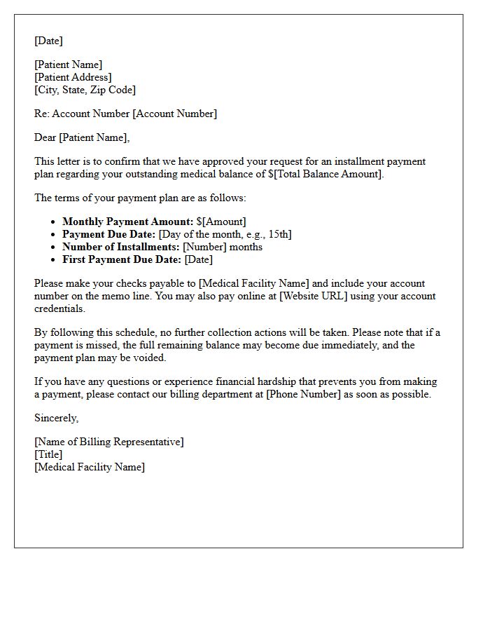 Medical Bill Installment Payment Plan Confirmation Letter