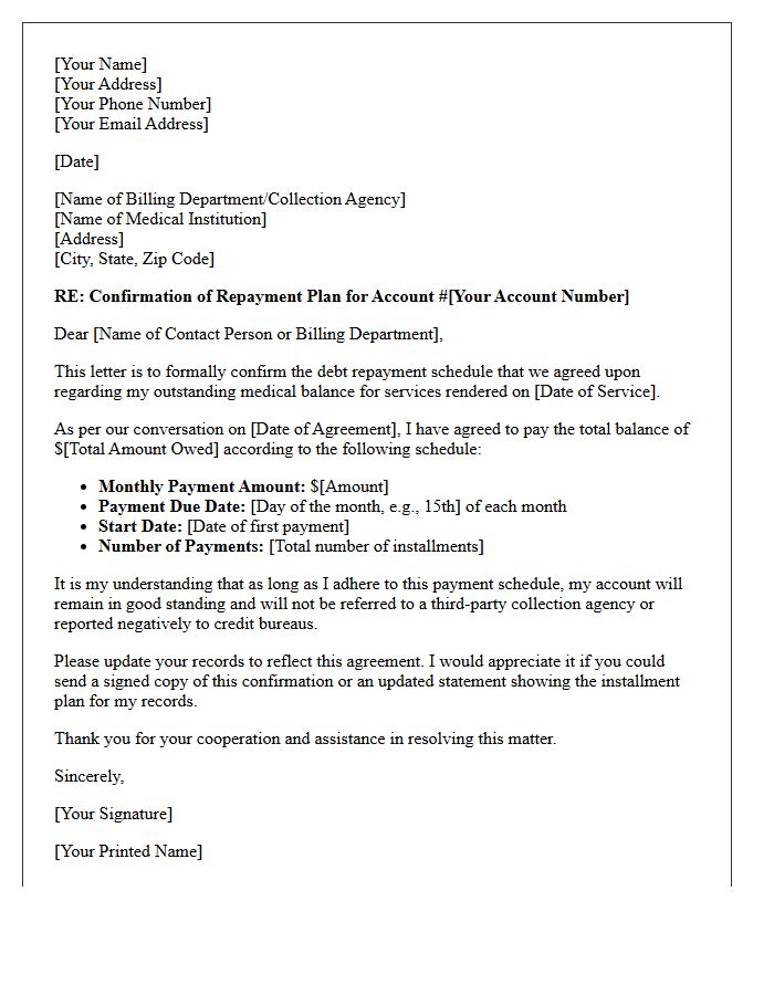 Medical Debt Repayment Schedule Confirmation Letter