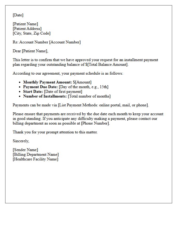 Patient Account Installment Plan Confirmation Letter