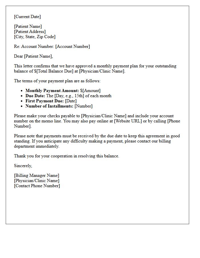 Physician Bill Payment Plan Confirmation Letter