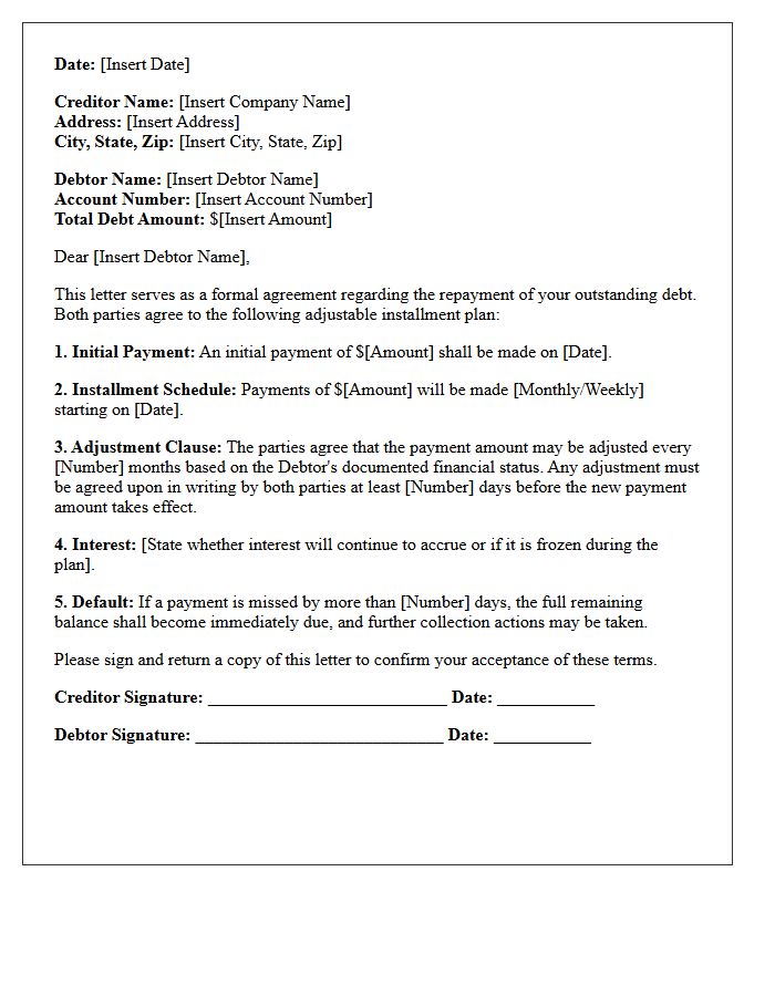 Adjustable Installment Debt Collection Agreement Letter